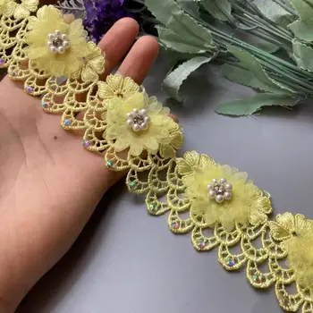 1 Yard Žltá 3D Diamond Rozpustné Pearl Flower Vyšívané Čipky Orezania pása s nástrojmi Textílie Šitie Plavidlá Pre Kostým Klobúk, Topánky Dekorácie