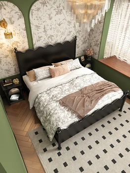 Francúzske retro čierna vlna posteľou, dvojlôžková masívneho dreva, postele, starožitný malé Americké posteľ