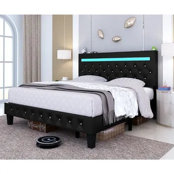 Posteľ Rám s Nastaviteľným Čalúnené Čelo postele Viac ako 60000 Farby APP Riadenie LED Svetlá Č Box Jar Potrebné Čierna
