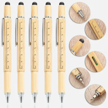 6 V 1 Bamboo Pen Multifunkčný Skrutkovač Presnosť Pravítko Priemerky Guľôčkové Perá Pre Telefón Dotykový stylus Úrovni Meter