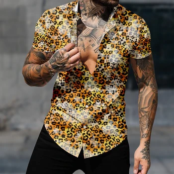 Bežné Havajská Košeľa Krátky Rukáv Ročníka Tričko Pre Mužov Leopard Škvrny Harajuku Y2k Módne Gotický Streetwear Útulný Oblečenie