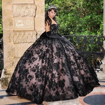 Black Sequined Appliques Čipky Plesové Šaty, Quinceanera Šaty Milú Ilúzie Luk Korzet Vestidos De 15 Años