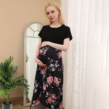 Nové Európske a Americké materskej nosiť krátke rukávy okrúhle krčný dojčenie šaty black kvetinový materská šaty