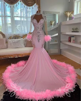 Blush Pink Illsuion Dlhý Rukáv Prom Šaty Pre Black Dievča Pštrosie Pernatej Crystal Korálkové Morská Víla Večer Party Šaty