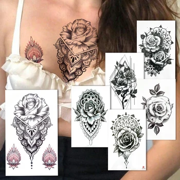 Ruže Kvet Dočasné Tetovanie Pre Ženy Black Mandala Henna Čipky Falošné Tetovanie Nálepky Geometrické Lotus Nepremokavé Tetovanie Tela Hrudníka