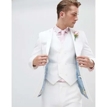 Elegantné Biele Svadobné Obleky pre Mužov Módne Zárez Klope Jediný Breasted 3 Ks Business Formálne Smart Casual Smoking Slim Fit