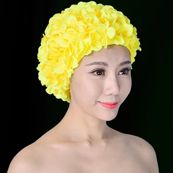 Módne Plávať Kvetinový Petal Štýlový Plávanie Klobúk Kúpacích Čiapok Veľkosť L pre Ženy (Žltá)