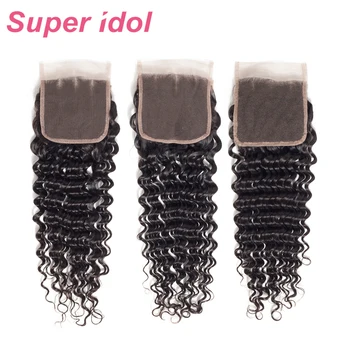 Super Idol Brazílsky remy ľudské vlasy, Hlboké Vlny 4X4 Čipky Uzavretie vlasy Švajčiarskej čipky Prírodné black Pre-Vytiahol s Baby Vlasy