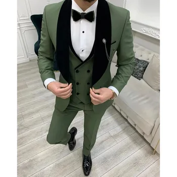2023 Svadobné Mužov Zelená Black Velvet Šatkou Klope Vyhovuje Business Bežné Formálne Kostým Homme Slim Fit 3 Ks Sada Bunda, Nohavice, Vesta